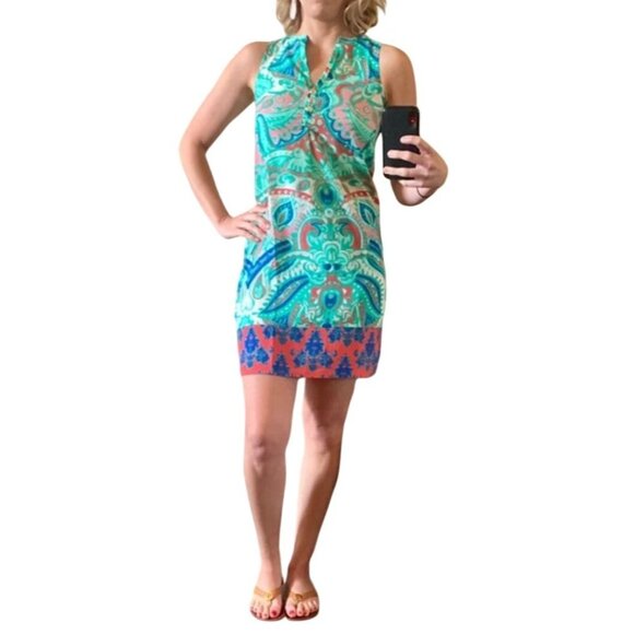 Tracy Negoshian XS Sleeveless Colorful Paisley Print Shift Dress Gold Buttons - Picture 2 of 12